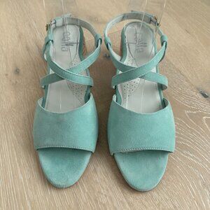 Aqua Suede Heeled Sandals with Round Block Heels